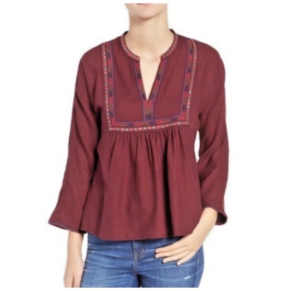 Madewell Peasant Top Womens Sz Small Maroon Embroidered Embellished V-Neck Boho